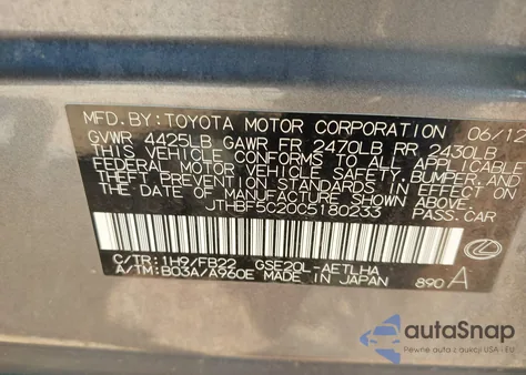 2012 Lexus Is 250 from USA, damaged, VIN JTHBF5C20C5180233